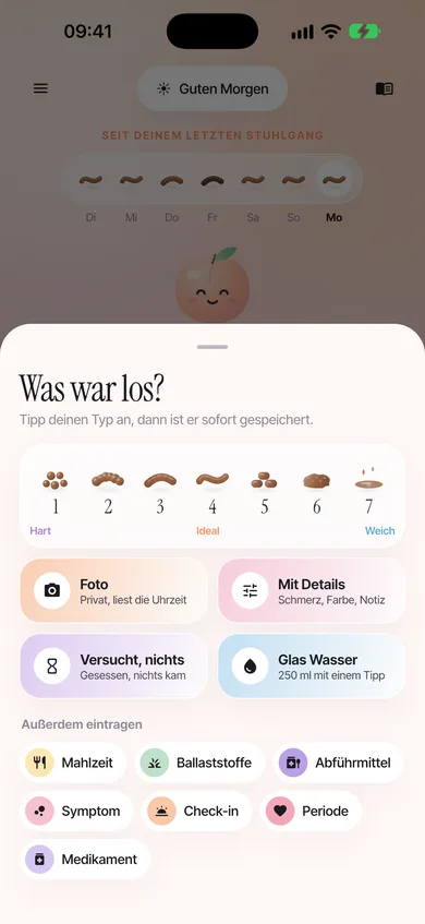Zwei Tipps: Bristol-Typ wählen, Details sind freiwillig