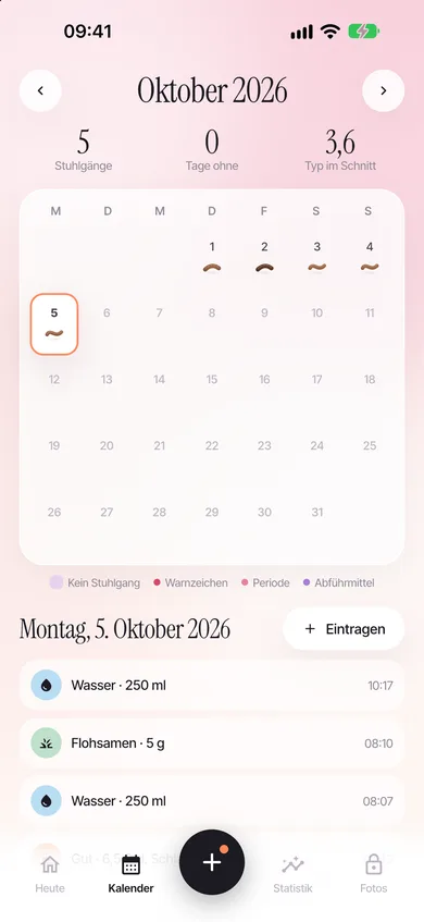 Tummi Kalender: Monatsansicht mit Bristol-Symbolen und Einträgen für Wasser und Flohsamen
