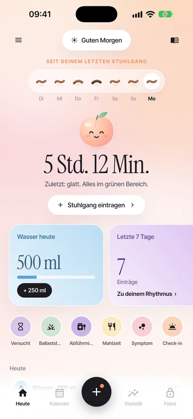 Heute: Zeit seit dem letzten Mal, Wasser und Schnell-Einträge