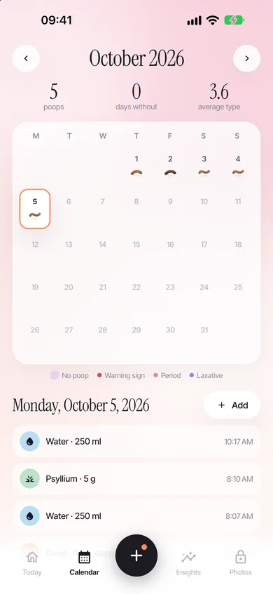 Tummi calendar: month view with Bristol icons and entries for water and psyllium