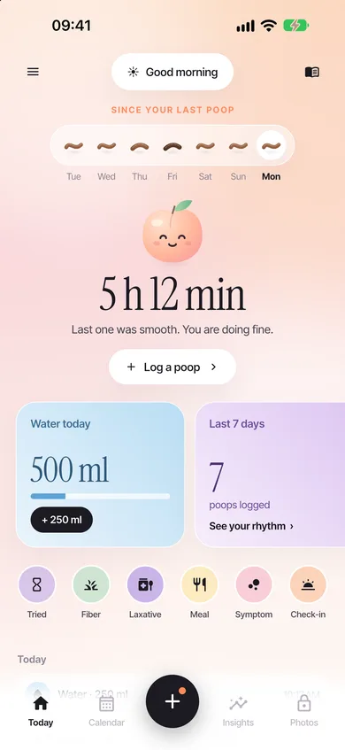 Today: time since your last poop, water and quick logs